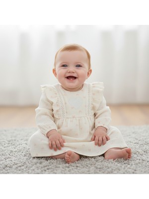 Asyaden Baby Kız Bebek Pamuklu Şık Bayramlık Kalpli Müslin Elbise
