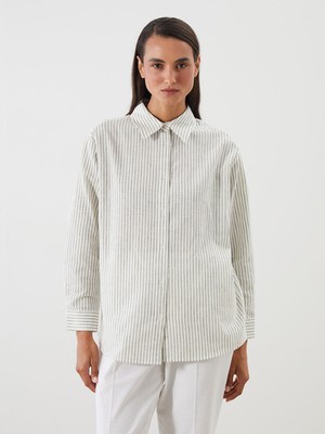 Lc Waikiki Yeni Sezon Çizgili Keten Karışımlı Kadın Gömlek Tunik