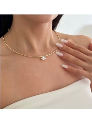 Çelik Özel Pırlanta Kesim Tek Taş Choker Kolye