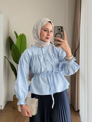 RFK Butik Kadın Etek Üstü Beli Tünelli Tesettür Kısa Gömlek - Mavi