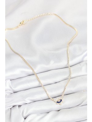 Pirinç Zirkon Taşlı Su Yolu Göz Model Gold Renk Kadın Kolye - Lisinya