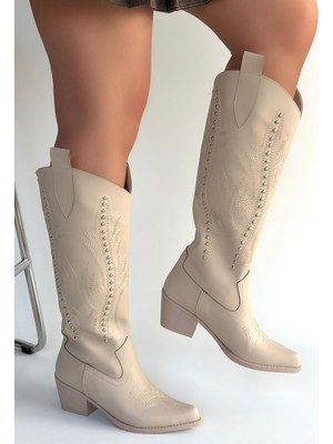 Meof Bej Cilt Topuklu Çizme - Lisinya