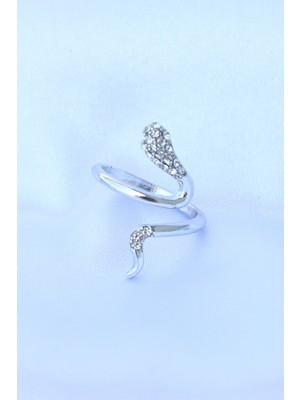 Pirinç Gümüş Renk Ayarlanabilir Zirkon Taşlı Yılan Yüzük - Lisinya