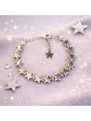 Crystal Atelier Y2K Fairycore Estetik Gümüş Kaplama Yıldız Figürlü Zincir Bileklik - Yıldız Detaylı Hediyelik Kadın Bileklik