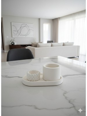 Lenisa Taş Tozu Dekoratif 3'lü Set Tealight Mumluk, Silindir Mumluk, Alt Tepsi