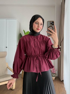 RFK Butik Kadın Etek Üstü Beli Tünelli Tesettür Kısa Gömlek - Bordo