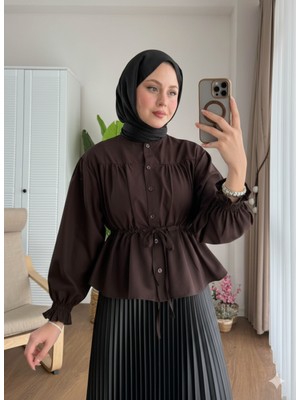 RFK Butik Kadın Etek Üstü Beli Tünelli Tesettür Kısa Gömlek - Acı Kahverengi