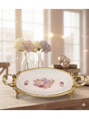 Furkan Dekoratif Gold Metal Ayaklı Oval Çiçekli Porselen Sunumluk Tabak