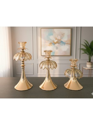Furkan Metal Kristal Taşlı Gold 3'lü Cam Dekoratif Mumluk Şamdanlık Seti