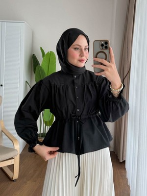 RFK Butik Kadın Etek Üstü Beli Tünelli Tesettür Kısa Gömlek - Siyah