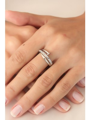 Gümüş Renk Taşlı Çivi Ayarlanabilir Kadın Yüzük - Lisinya