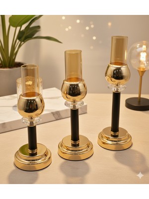 Furkan Metal Kristal Taşlı Siyah-Gold 3'lü Cam Mumluk Şamdanlık Seti