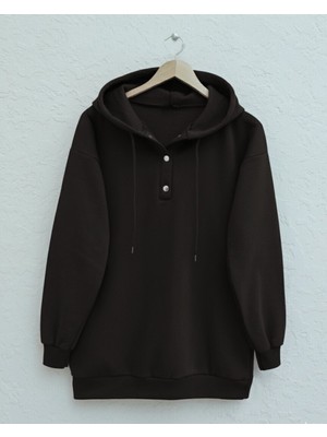 Modamorfo Yakası Çıtçıtlı Kapşonlu Şardonlu Üç Iplik Sweat   -K. Kahve