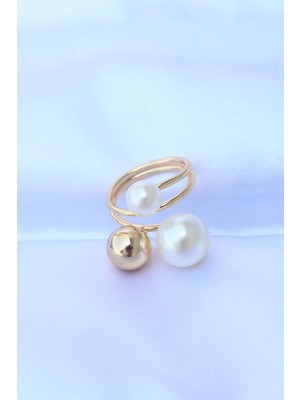 Pirinç Gold Renk Ayarlanabilir Inci Taşlı Yüzük - Lisinya