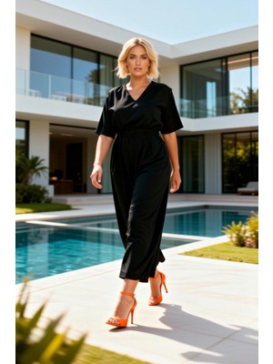 Benerly Kadın Büyük Beden V Yaka Kısa Kol Relaxed Kalıp Beli Lastikli Düz Dokuma Geniş Paça Tulum Şık