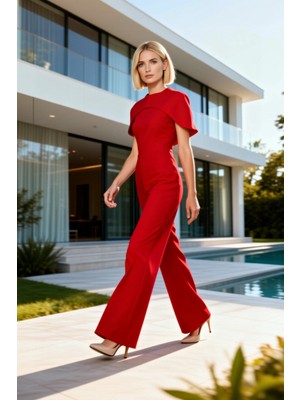 Benerly Kadın Bisiklet Yaka Pelerin Detaylı Kolsuz Dokuma Düz Uzun Straight Kalıp Geniş Paça Tulum