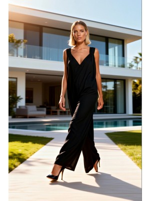 Benerly Kadın V Yaka Kolsuz Dokuma Sırt Dekolteli Oversize Bol Paça Maxi Tulum Plaj Giyim %100 Pamuk Büyük Beden