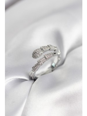 Solenya Gümüş Renk Zirkon Taşlı Yılan Model Kadın Yüzük