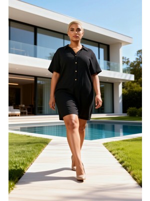 Benerly Kadın Büyük Beden Polo Yaka Kısa Kol Müslin Dokuma Regular Fit Plaj Tulumu Spor %100 Pamuk