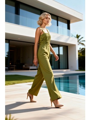 Benerly Kadın Kare Yaka Kalın Askılı Kolsuz Gipeli Dokuma Geniş Paça Uzun Regular Kalıp Tulum Modeli