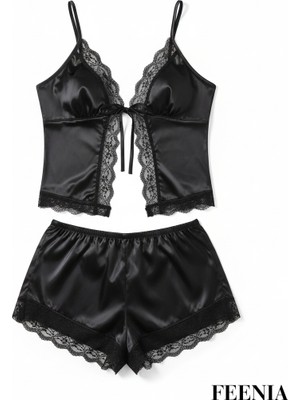 Feenia Noirence Siyah Saten Kadın Büyük Beden Gecelik