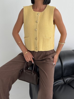 Shophia Gold Düğmeli Kadın Triko Yelek - %100 Pamuk