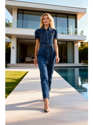 Benerly Kadın Ceket Yaka Kısa Kollu Düz Desenli Regular Kalıp Boru Paça Dokuma Denim Tulum %100 Pamuk