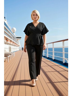 Benerly Kadın Büyük Beden V Yaka Kısa Kelebek Kol Dokuma Tulum Ayarlanabilir Kemer Tokalı Düz Desenli