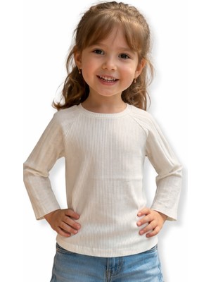 İrem Çocuk Giyim Kız Çocuk Fitilli Kumaş Likralı Düz Ekru Renk Badi