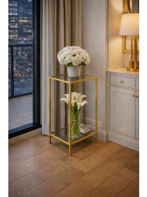 Trendmiz Velmark Eyfel  Cam Raflı Metal Dresuar | Dar Alanlar Için Modern Antre Sehpası/uzun Sehpa