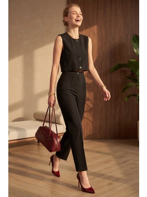 Hiccup Kadın My Fashıon Bisiklet Yaka Crop Yelek & Yüksek Bel Pantolon Ikili Takım Siyah