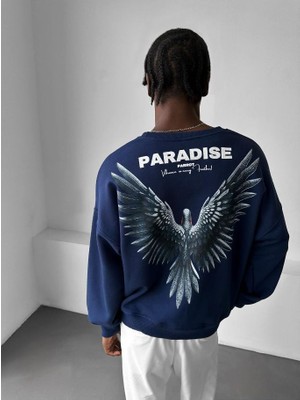 Elku Moda Erkek Oversize Kanat Baskılı Sweatshirt Paradıse Streetwear Kuş Desenli Bisiklet Yaka Lacivert Siyah