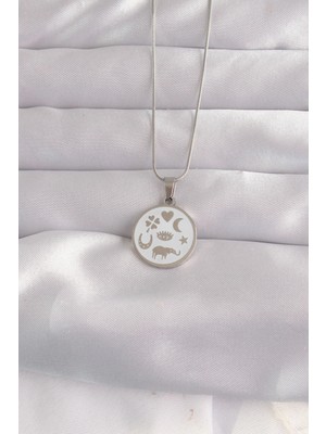 SHC4200 Mey Ithalat® 316L Çelik Gümüş Renk Beyaz Mineli Karışık Figürlü Tarot Kolye