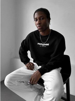 Elku Moda Erkek Oversize Kanat Baskılı Sweatshirt Paradıse Streetwear Kuş Desenli Bisiklet Yaka Lacivert Siyah