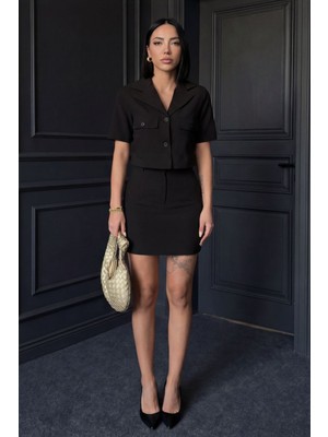 Hiccup Kadın My Fashıon Kısa Kollu Crop Gömlek & Mini Etek Ikili Takım Siyah