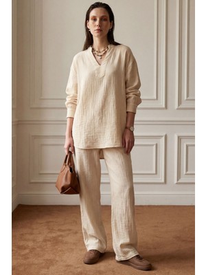 Hiccup Kadın My Fashıon V Yaka Bluz & Geniş Paça Pantolon Ikili Müslin Takım Bej Doğal