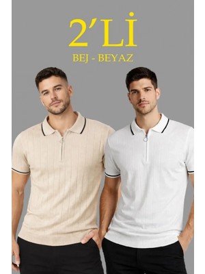 Marsilyan- Erkek 2’li Paket Dokuma Triko  Fermuarlı Yakalı Fitilli Kısa Kollu Regular Fit Tişört - Bej - Beyaz