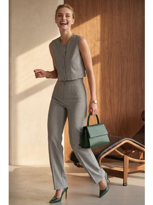 Hiccup Kadın My Fashıon Bisiklet Yaka Crop Yelek & Yüksek Bel Pantolon Ikili Takım Gri