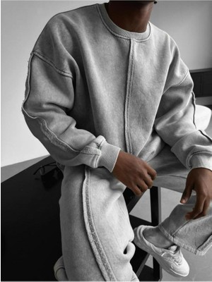 Elku Moda Unisex Oversize Asit Yıkamalı Eşofman Takımı Dikiş Detaylı Jogger ve Sweatshirt Takım