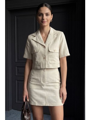 Hiccup Kadın My Fashıon Kısa Kollu Crop Gömlek & Mini Etek Ikili Takım Bej Doğal