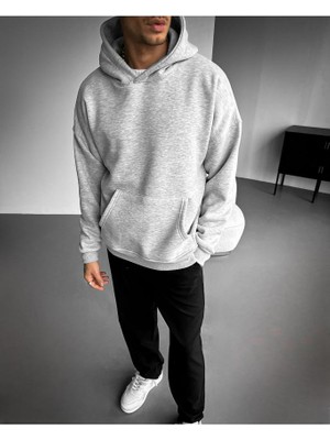 Elku Moda Oversize Kapşonlu Sweatshirt Beyaz Unisex Kalın Kumaş Kışlık Hoodie Kanguru Cep