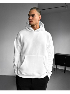 Elku Moda Oversize Kapşonlu Sweatshirt Beyaz Unisex Kalın Kumaş Kışlık Hoodie Kanguru Cep
