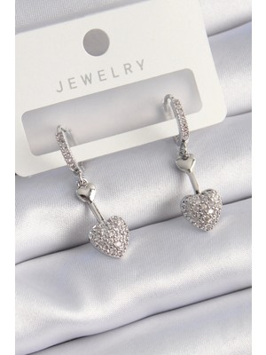 SHC4200 Mey Ithalat® Pirinç Gümüş Renk Zirkon Taşlı Sallantı Kalp Model Kadın Küpe