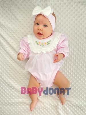 Narnuga Çiçek Nakışlı Tüllü Bandanalı Kız Bebek Romper