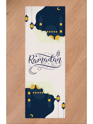 Greendecor Ramazan Eid Mubarak Hilal Cami Çiçek Desenli Baskılı Masa Runner Dijital Baskılı Modern Masa Örtüsü