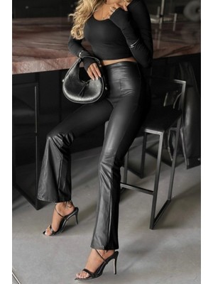 Marsilyan- Kadın Yüksek Bel Paçaya Doğru Geniş Deri Pantolon