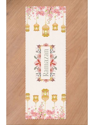 Greendecor Ramazan Eid Mubarak Hilal Cami Çiçek Desenli Baskılı Masa Runner Dijital Baskılı Modern Masa Örtüsü