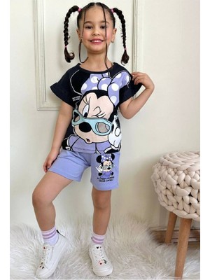 Yağmur Giyim Pjkskt Minnie Mause Desenli Lila Şortlu Kız Çocuk Kısa Kol Takım 7551-L