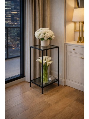 Trendmiz Velmark Eyfel  Cam Raflı Metal Dresuar | Dar Alanlar Için Modern Antre Sehpası/uzun Sehpa