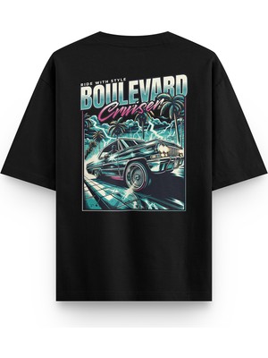 Overoz Gangsta Boulevard Klasik Araba Sırt Baskılı Yarı Oversize Unisex Siyah Tshirt 1262